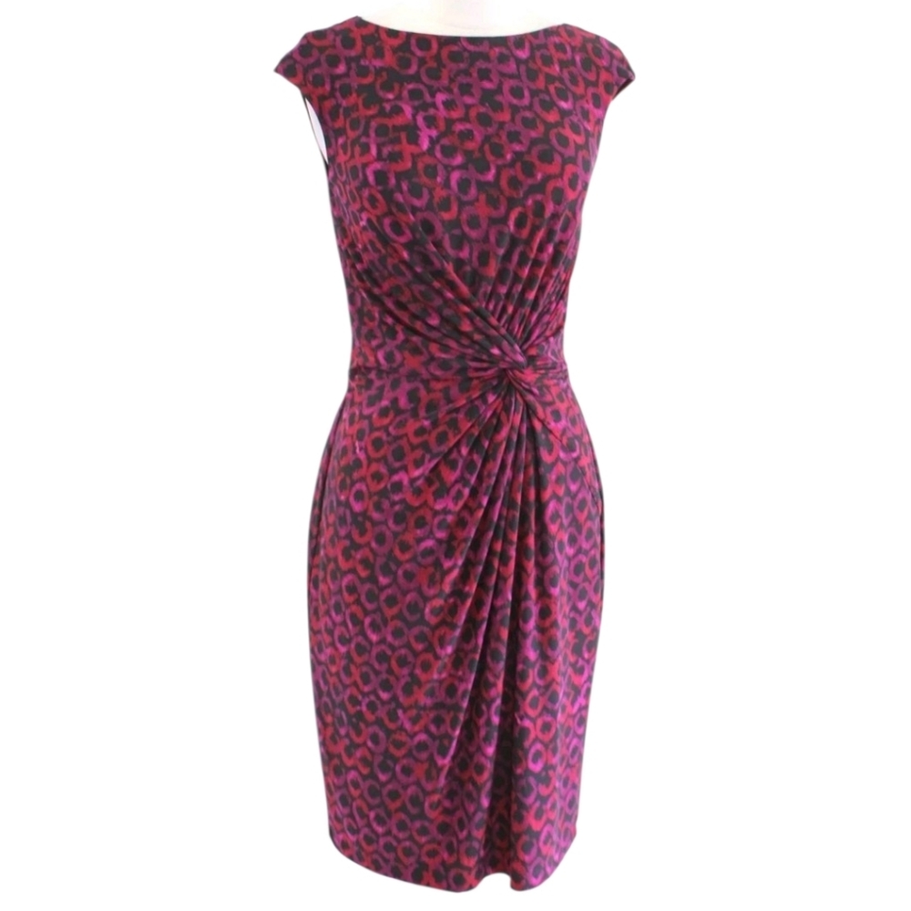 Lauren Ralph Lauren Black Red Pink Multi Twist Knot Ruched Sheath Dress Size 14